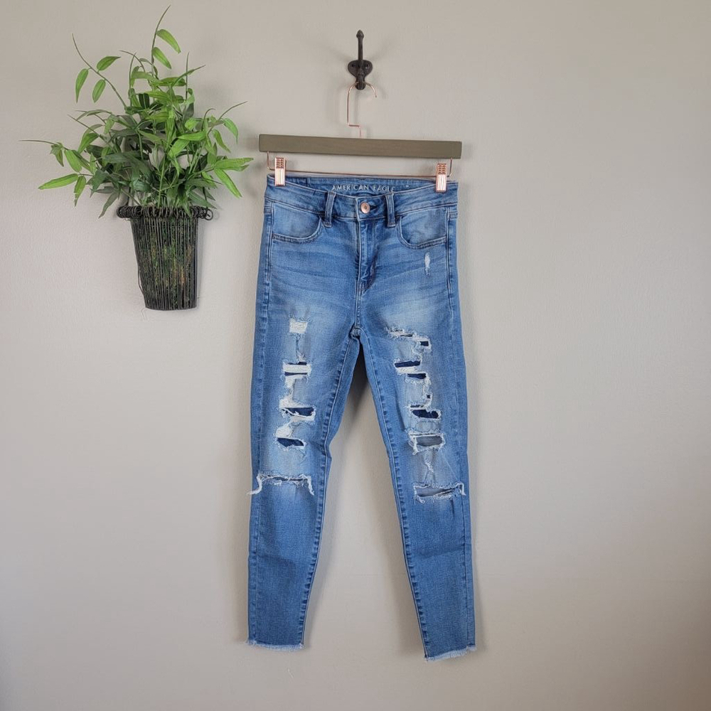 AE 4 American Eagle Skinny Hi Rise Jegging Light Wash Stretch Distressed Frayed